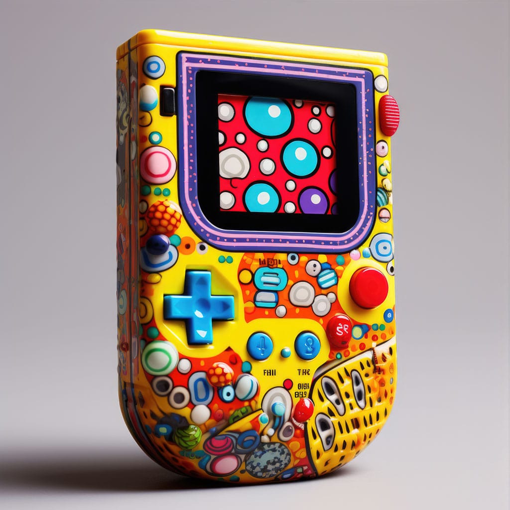 Gameboy inspired by Yayoi Kusama's style, featuring polka dots and vibrant colors, showcasing Midjourney prompt techniques.