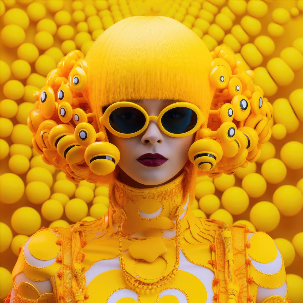Cyberpunk character inspired by Yayoi Kusama, featuring vibrant yellow colors, polka dots, and unique patterns. Midjourney prompt techniques applied.