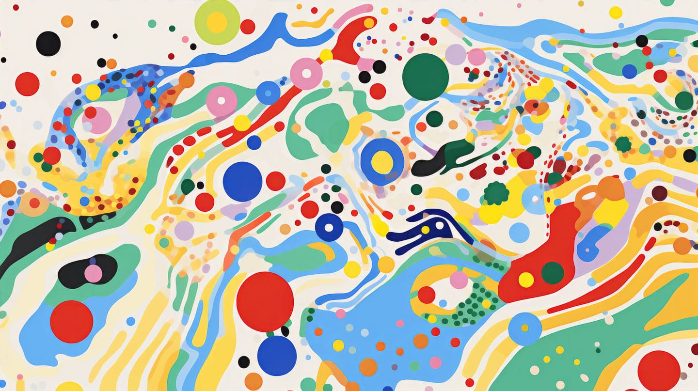 Midjourney prompt for Yayoi Kusama's style: vibrant colors, polka dots, dynamic compositions, artistic integration, text-to-image techniques.