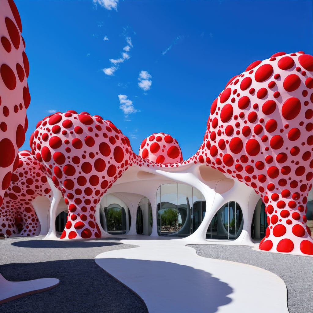 Bioarchitecture inspired by Yayoi Kusama featuring polka dots and vibrant colors, utilizing Midjourney prompt techniques for artistic integration.