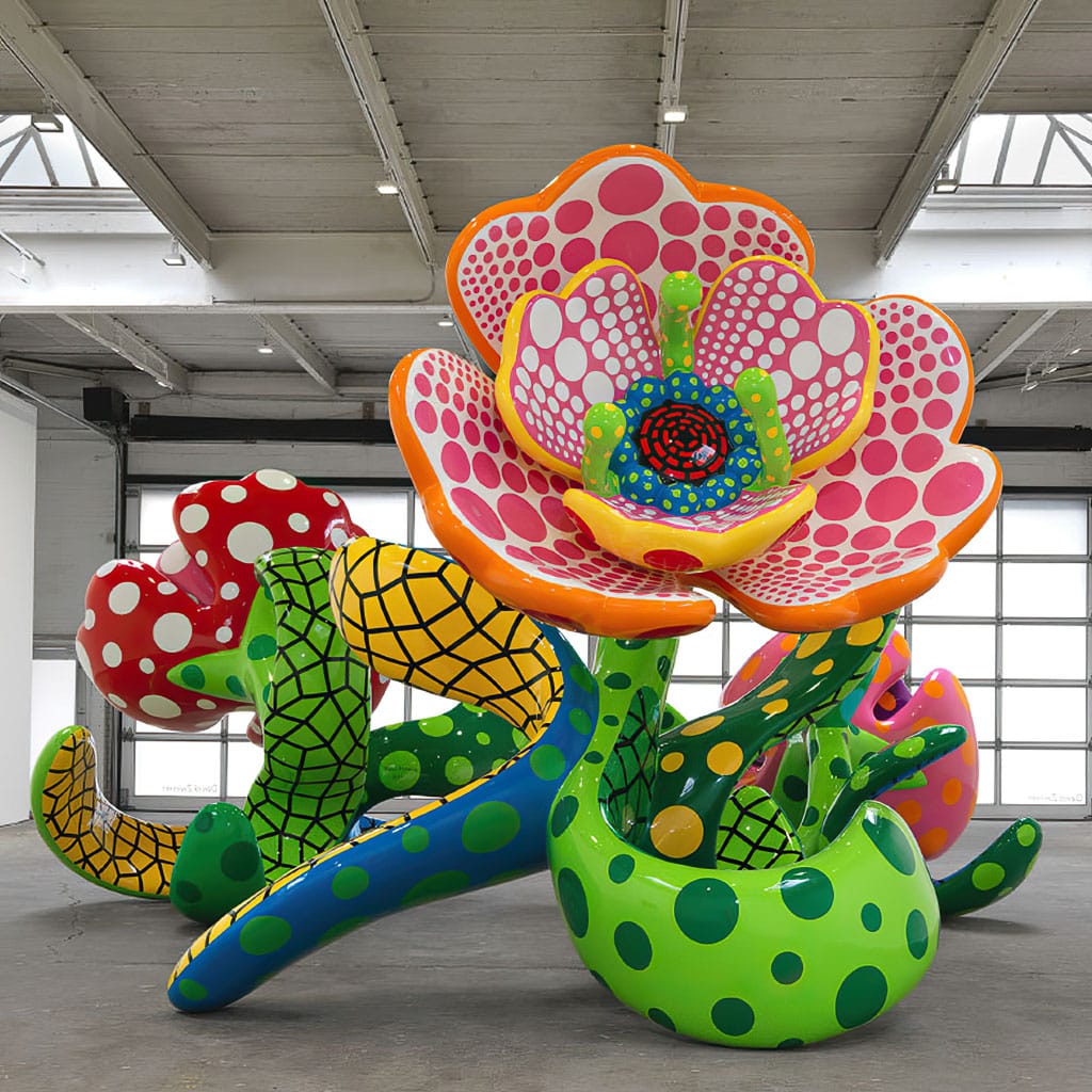 Yayoi Kusama-inspired flower sculptures with polka dots and vibrant colors, showcasing Midjourney prompt engineering techniques.