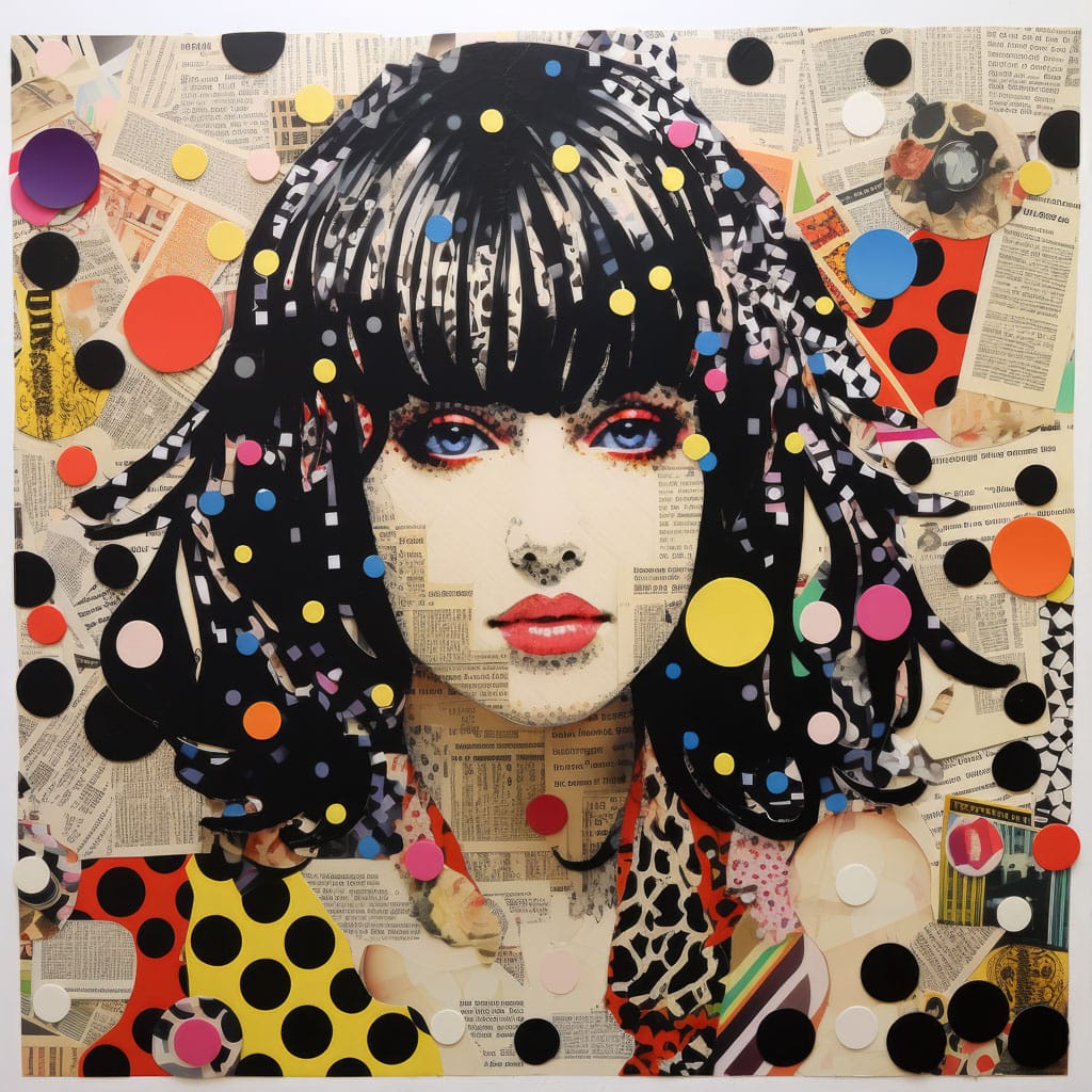 Yayoi Kusama-inspired collage with vibrant colors, polka dots, and newspaper cutouts. Midjourney prompt techniques for artistic integration. --v 5.2