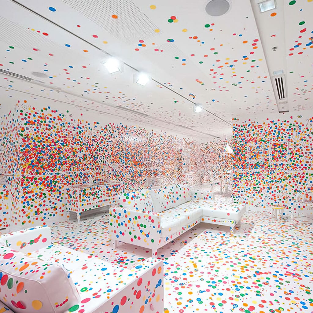 Infinity Mirror Room by Yayoi Kusama featuring vibrant polka dots, prompt engineering in Midjourney for artistic integration and dynamic compositions.