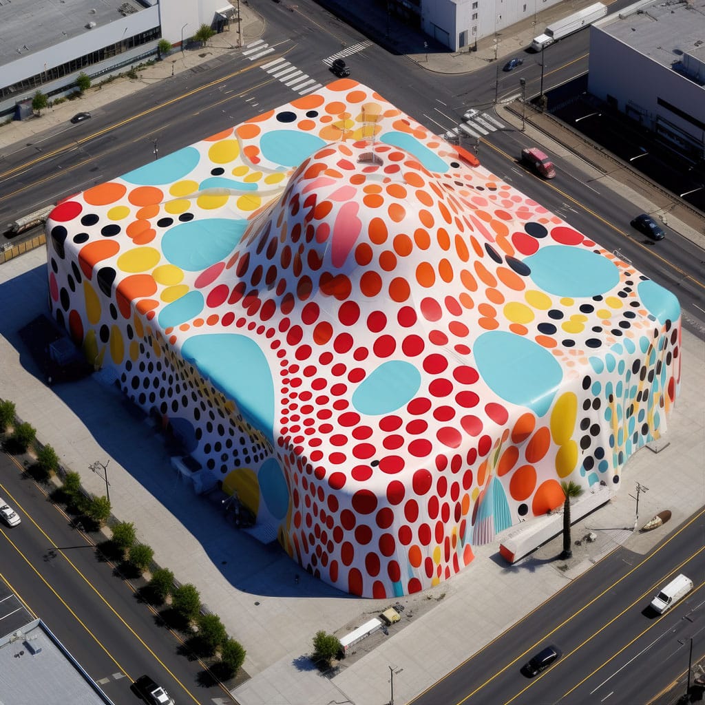 Aerial view of Christos installation featuring Yayoi Kusama's vibrant polka dots and patterns, showcasing Midjourney prompt engineering techniques.