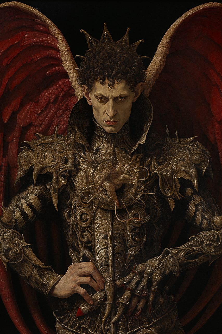 Lucifer by Sandro Botticelli, Midjourney prompt showcasing detailed Renaissance aesthetics, blending modern themes with historical art styles.