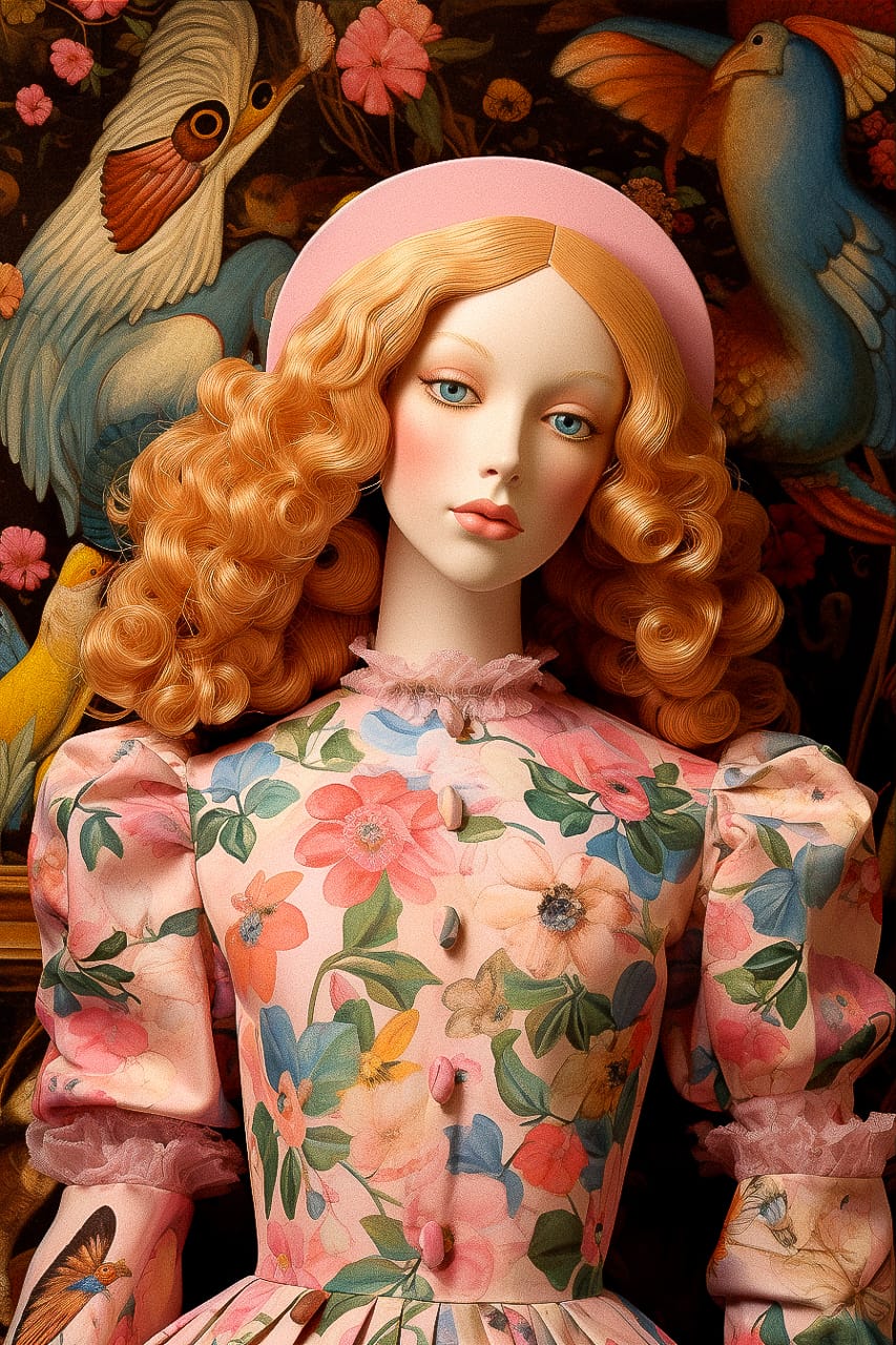 Barbie doll styled in Sandro Botticelli's aesthetic, floral dress, vibrant background, showcasing Midjourney prompt engineering techniques.