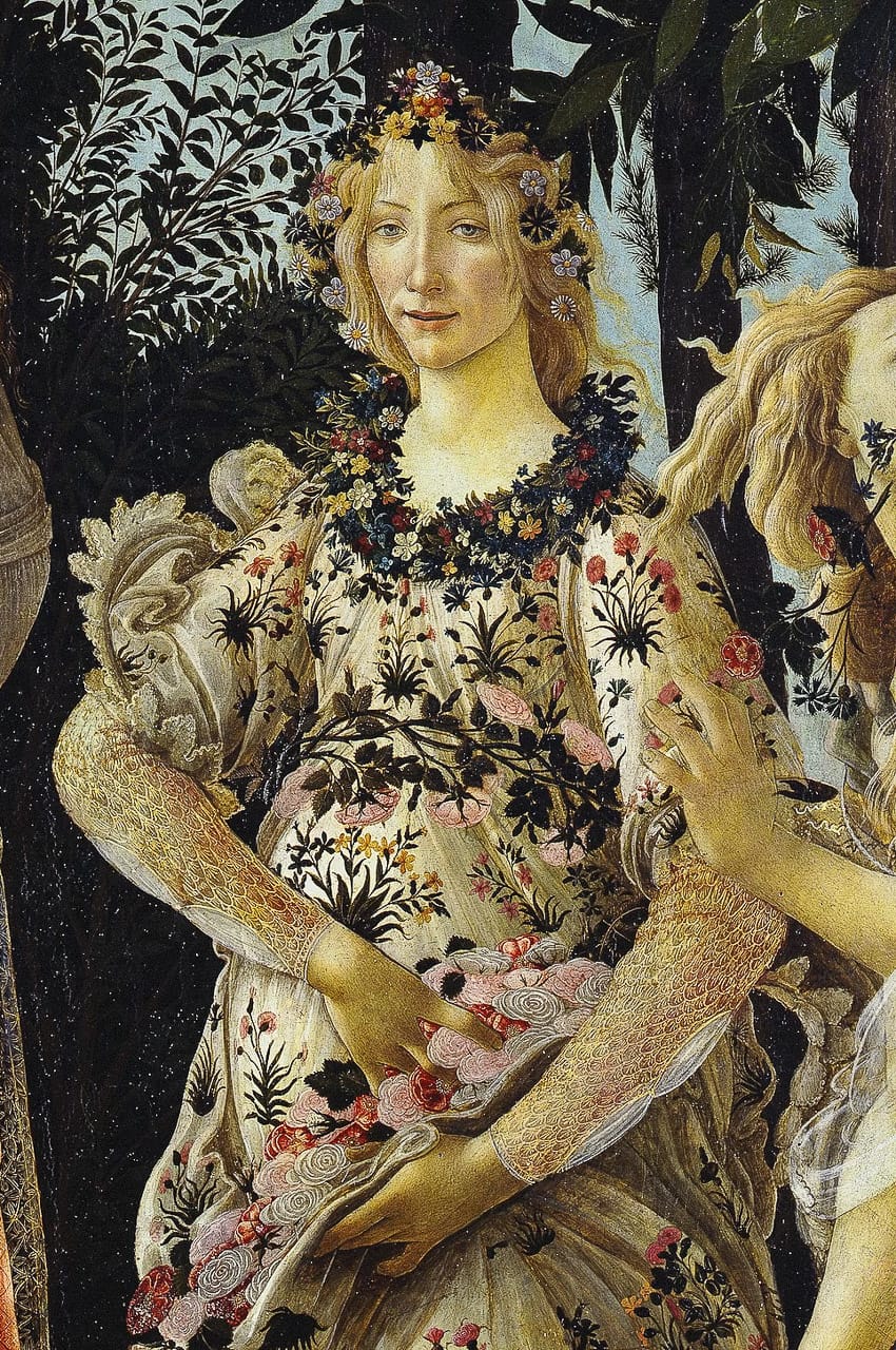 Midjourney prompt showcasing Sandro Botticelli's floral motifs in 'The Spring', blending Renaissance aesthetics with modern interpretations.
