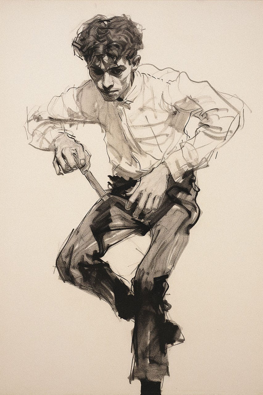 Gesture drawing by Egon Schiele showcasing emotional depth, prompt engineering in Midjourney, figurative distortions, muted colors, unique style.