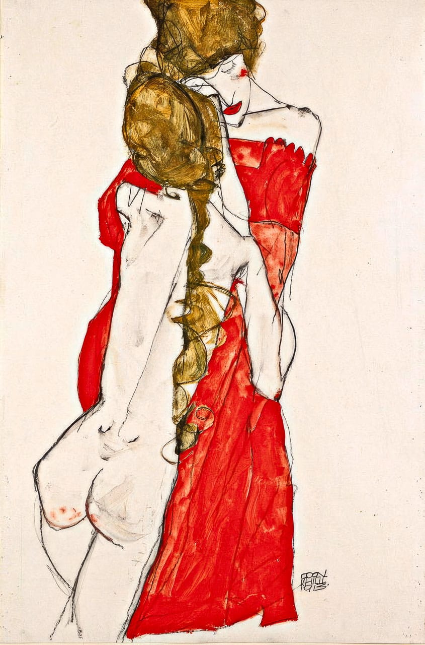 Midjourney prompt engineering for Egon Schiele's Mother And Daughter (1913), emphasizing emotional portraits and figurative distortions.