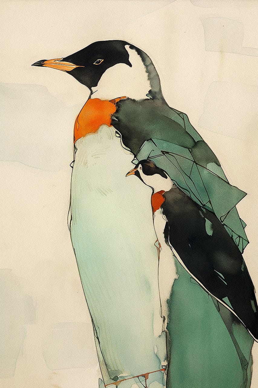 Penguin illustration inspired by Egon Schiele, showcasing prompt engineering techniques in Midjourney for emotional depth and unique art style.