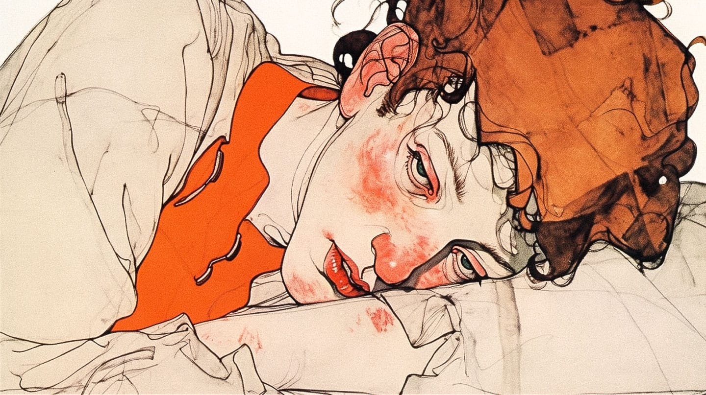 Egon Schiele-inspired artwork in Midjourney, featuring emotional portrait, prompt engineering for figurative distortions, sharp-edged shapes, muted colors.