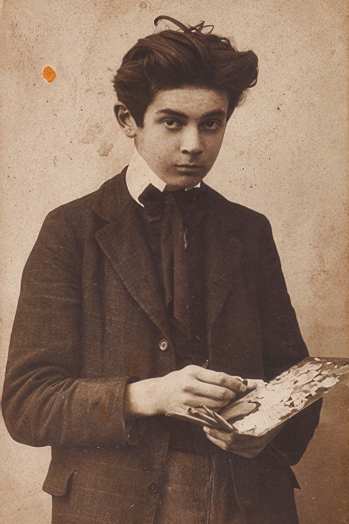 Egon Schiele with palette, early 1900s. Midjourney prompt engineering enhances emotional depth, figurative distortions, pastel tones in generated images.