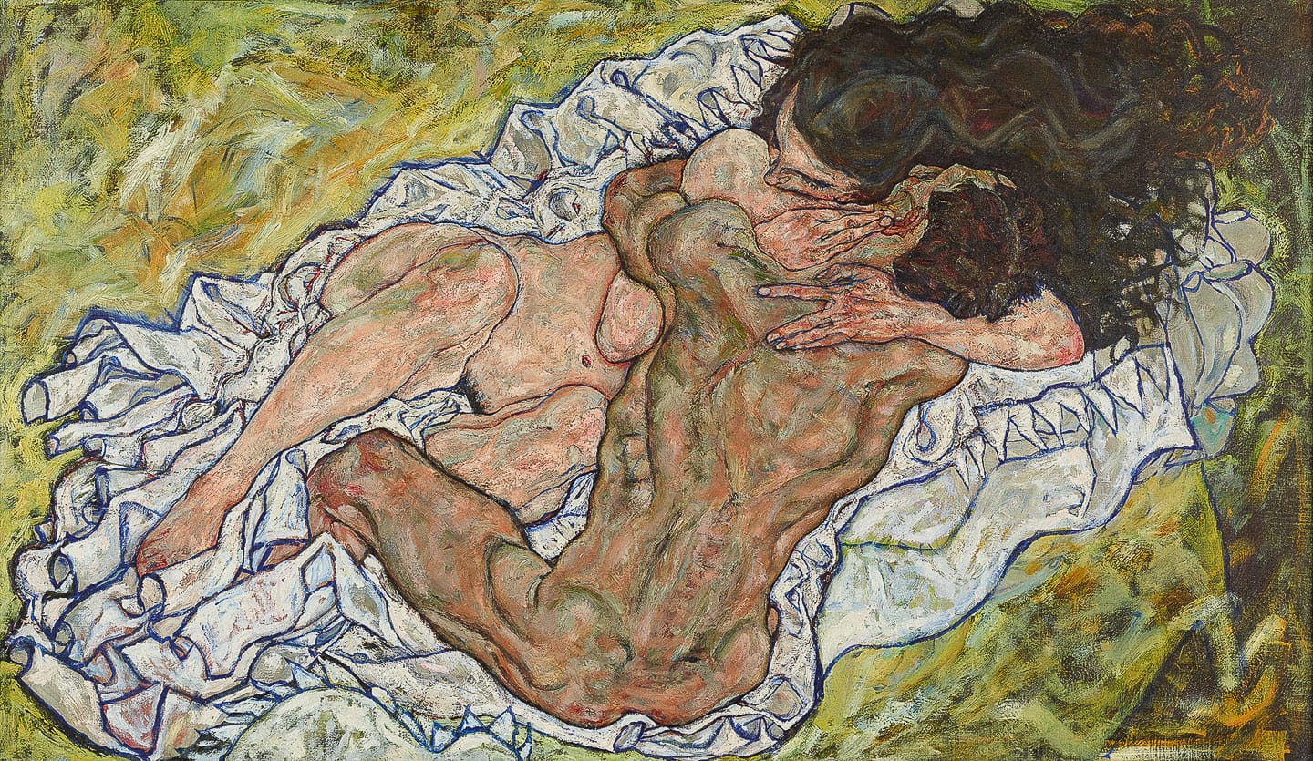 Egon Schiele's The Embrace (1917) exemplifies emotional portraits, figurative distortions in Midjourney prompt engineering.