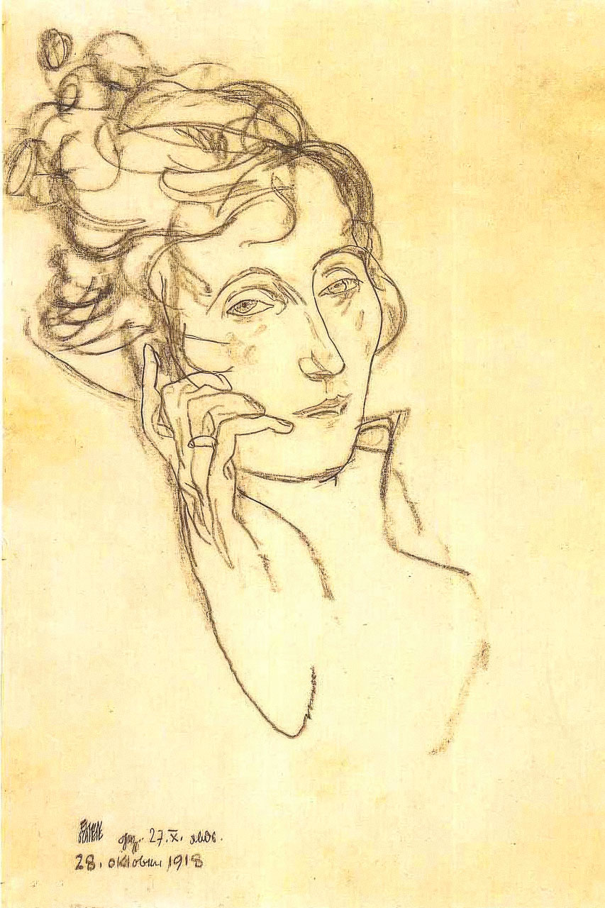 Egon Schiele's sketch of Edith Schiele, emotional portrait, prompt engineering in Midjourney for figurative distortions, pastel tones.