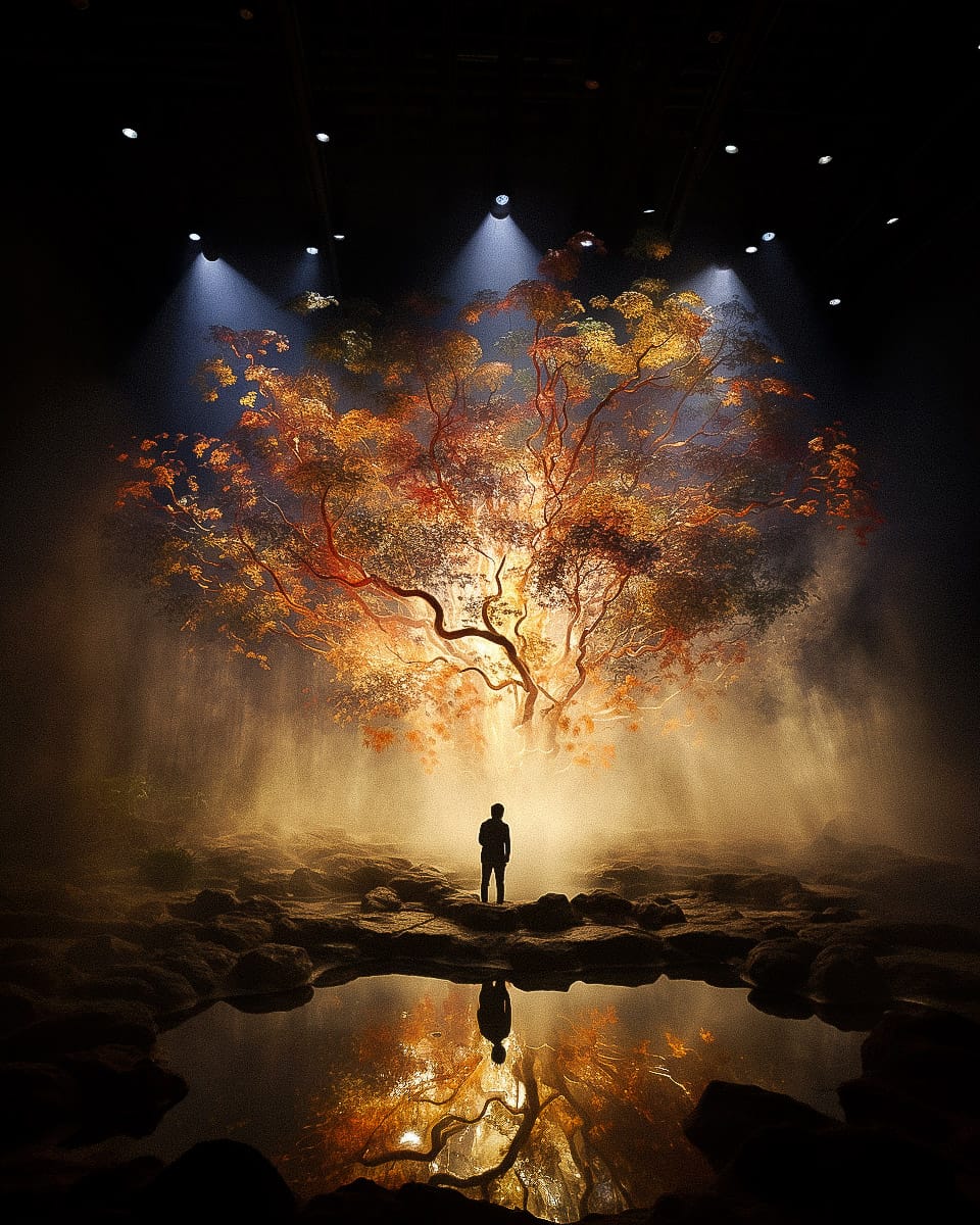 Cai Guo-Qiang installation 'Tree of Life' in night forest, Midjourney prompt, vivid explosions, floating compositions, immersive virtual reality.