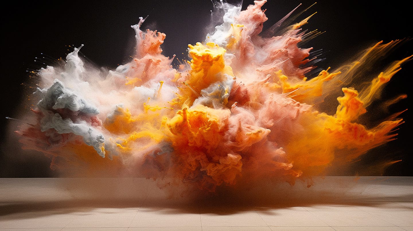 Midjourney prompt showcasing Cai Guo-Qiang's gunpowder drawing techniques with vivid explosions and colorful smoke in abstract art style.