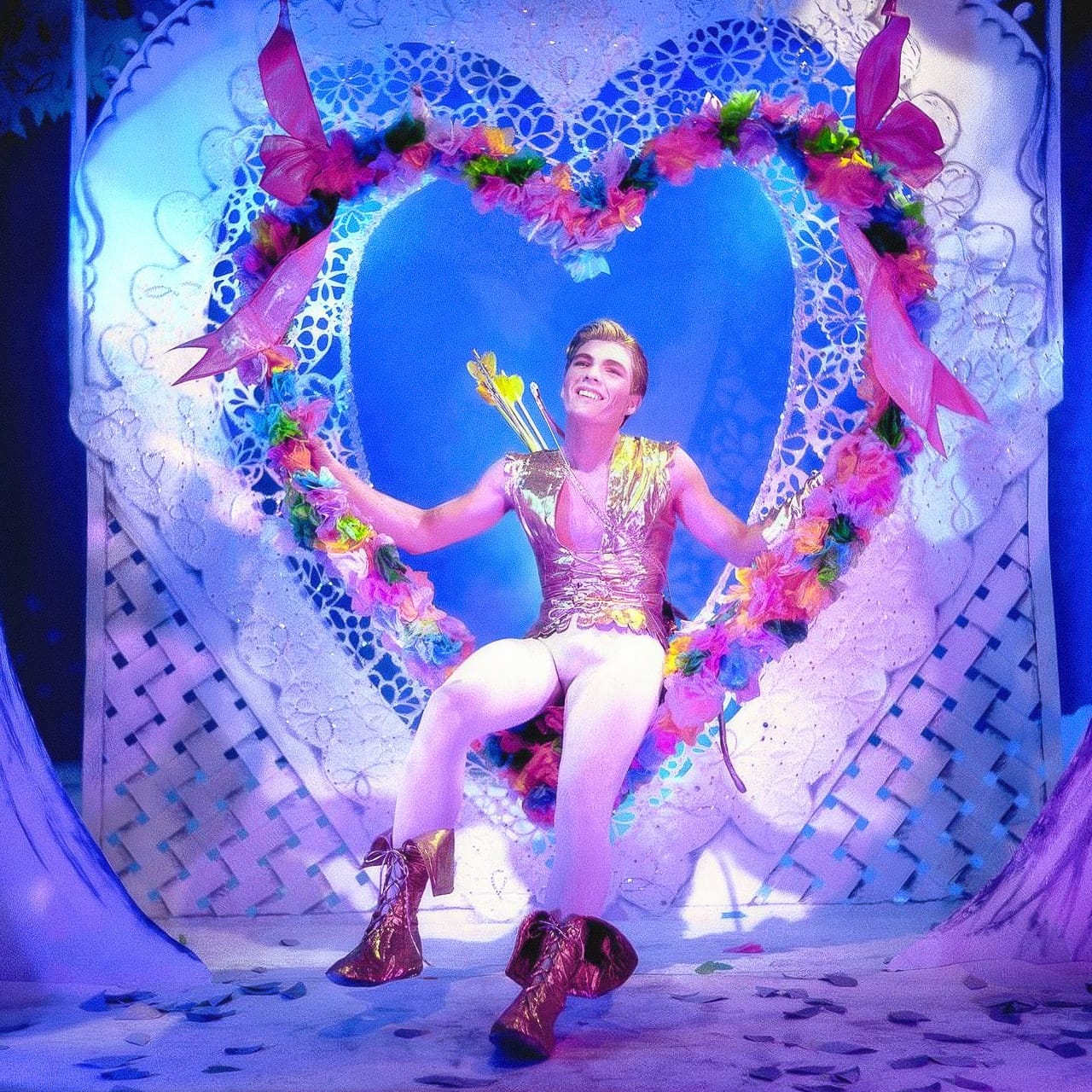 Midjourney prompt showcasing James Bidgood's vibrant colors, floral themes, surreal aesthetics in Valentine (mid-1960s) imagery.