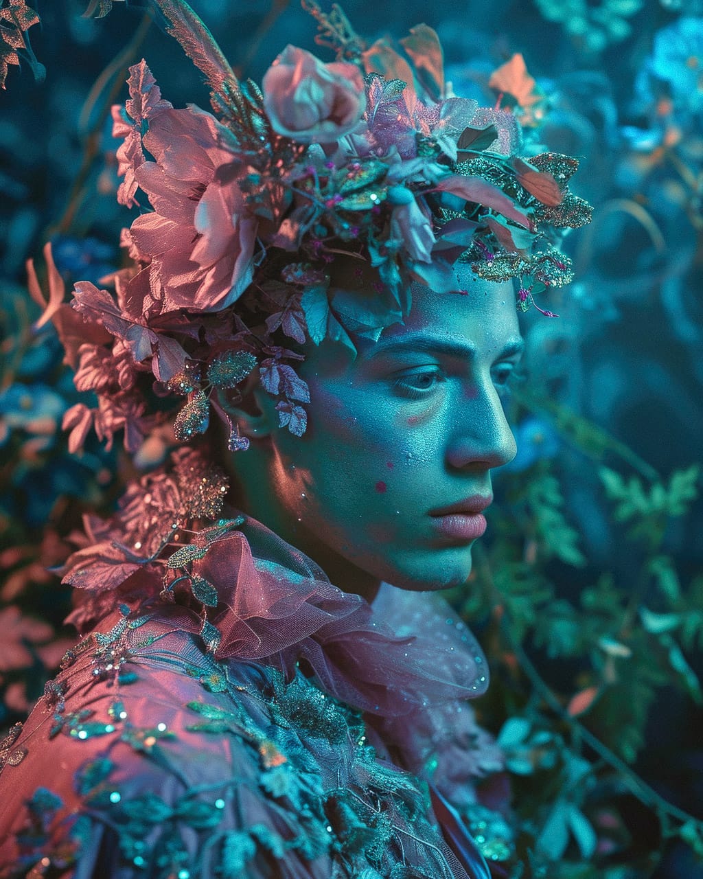 Character by James Bidgood, Midjourney prompt showcasing floral themes, vibrant colors, surreal aesthetics, version 6.