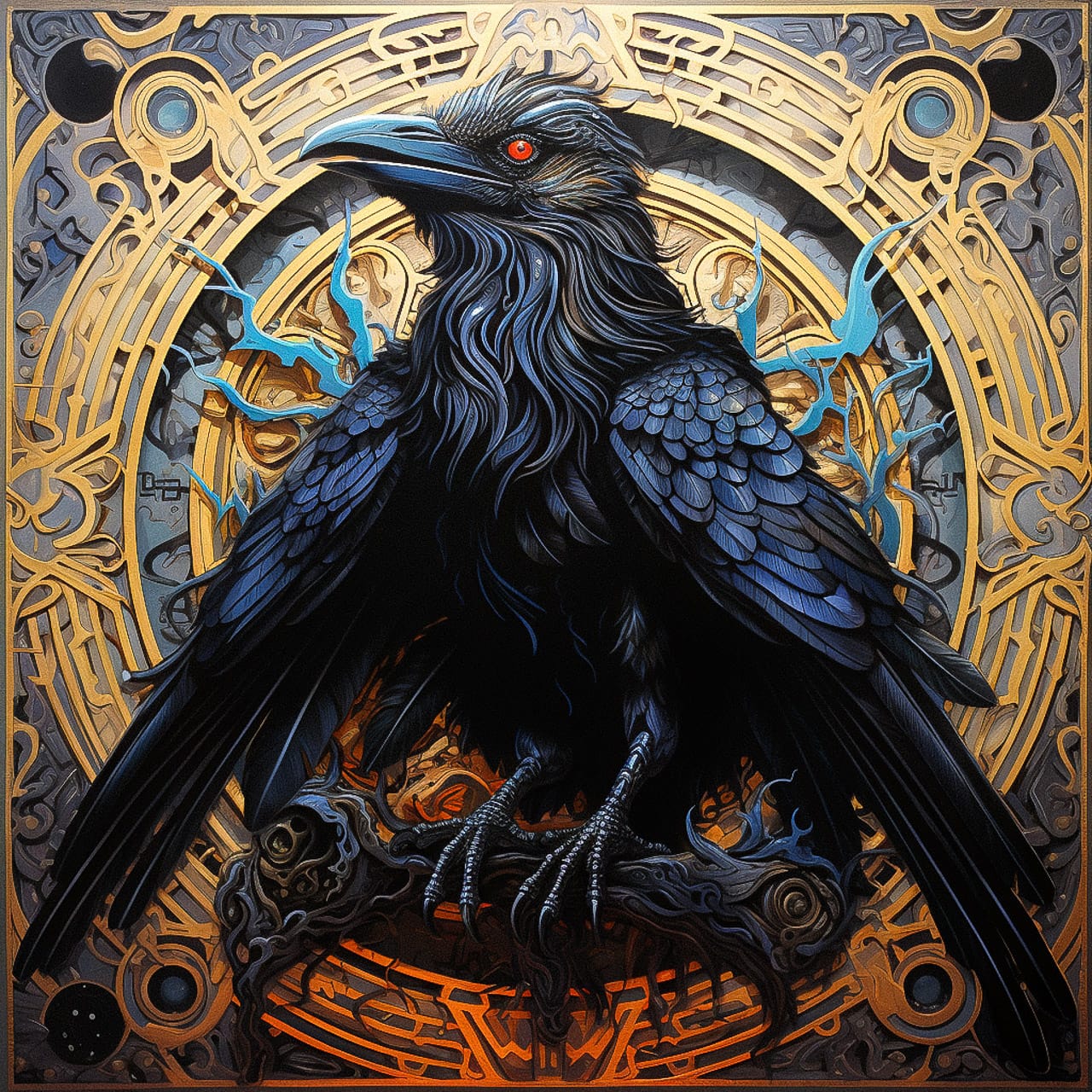 Intricate raven god artwork generated with Midjourney prompt, showcasing hyperrealism, detailed textures, and artistic style elements.