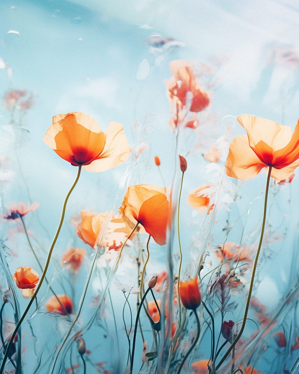 Midjourney prompt for cross processing print of flowers in wind, showcasing hyperrealism and artistic style variations.