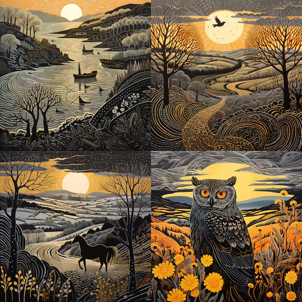 Midjourney prompt showcasing landscapes, animals, and nature in distinct styles, emphasizing hyperrealism and artistic detail.