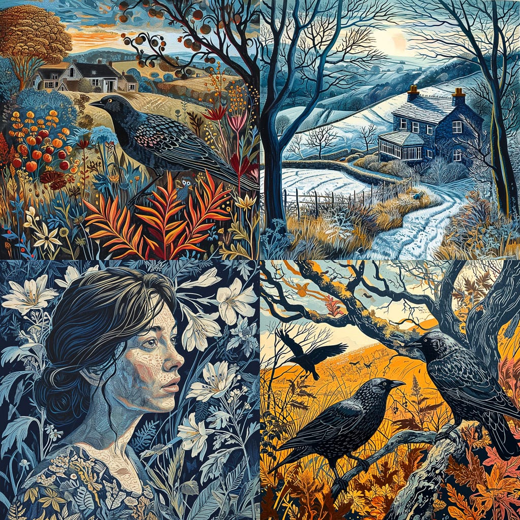 Midjourney prompt showcasing hyperrealism, artistic styles, and detailed nature scenes with birds, landscapes, and portraits.