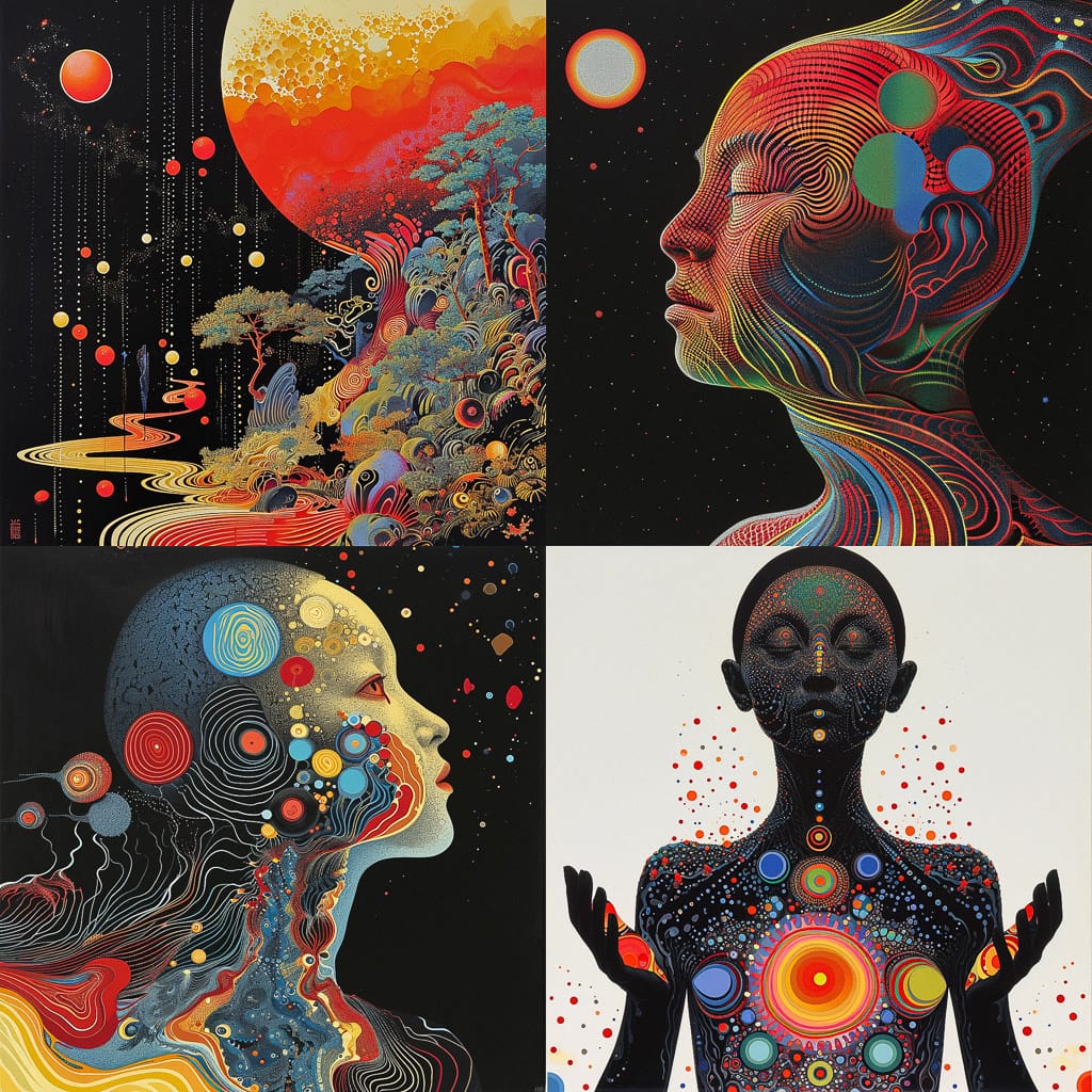 Midjourney prompt showcasing hyperrealism, artistic styles, unconventional composition, and vibrant color schemes in AI-generated images.