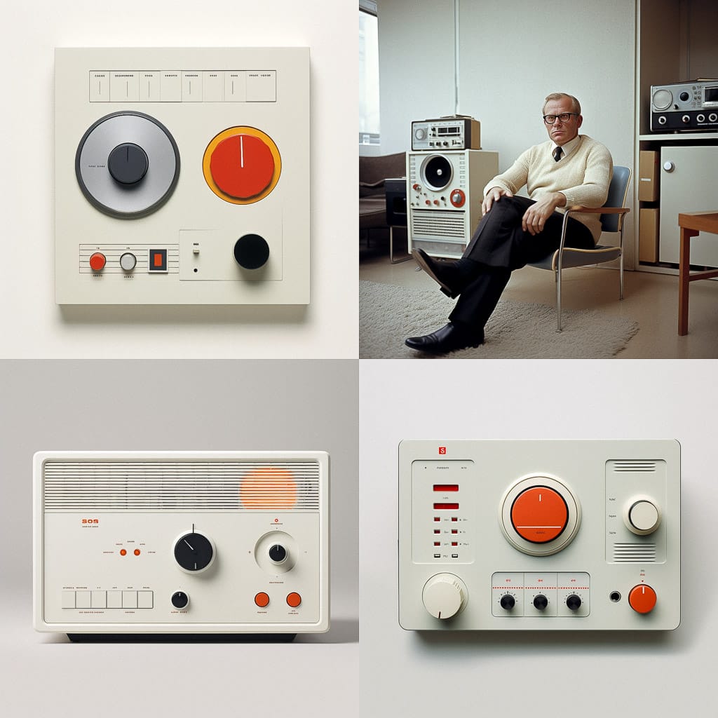 Midjourney prompt showcasing vintage audio equipment designs, highlighting hyperrealism, prompt accuracy, and artistic styles in V6.