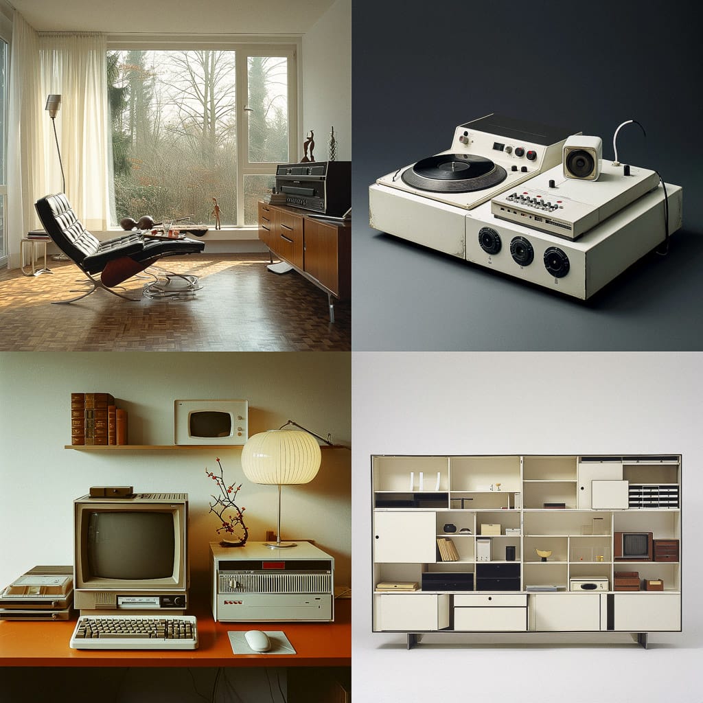 Midjourney prompt showcasing retro interior design, vintage electronics, and furniture styles emphasizing hyperrealism and prompt accuracy.