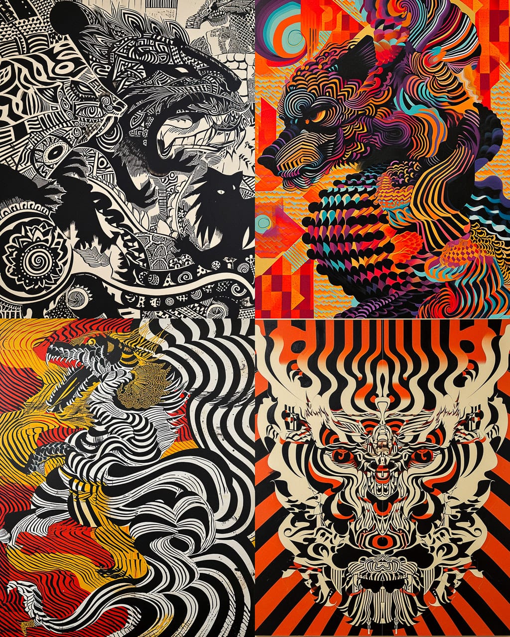 Op-art Chimera illustration using Midjourney V6 prompt techniques, showcasing hyperrealism, unconventional composition, and vibrant artistic styles.