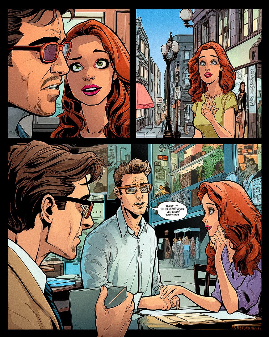 Comic-strip style illustration showcasing characters in dialogue, emphasizing Midjourney prompt techniques and artistic styles.