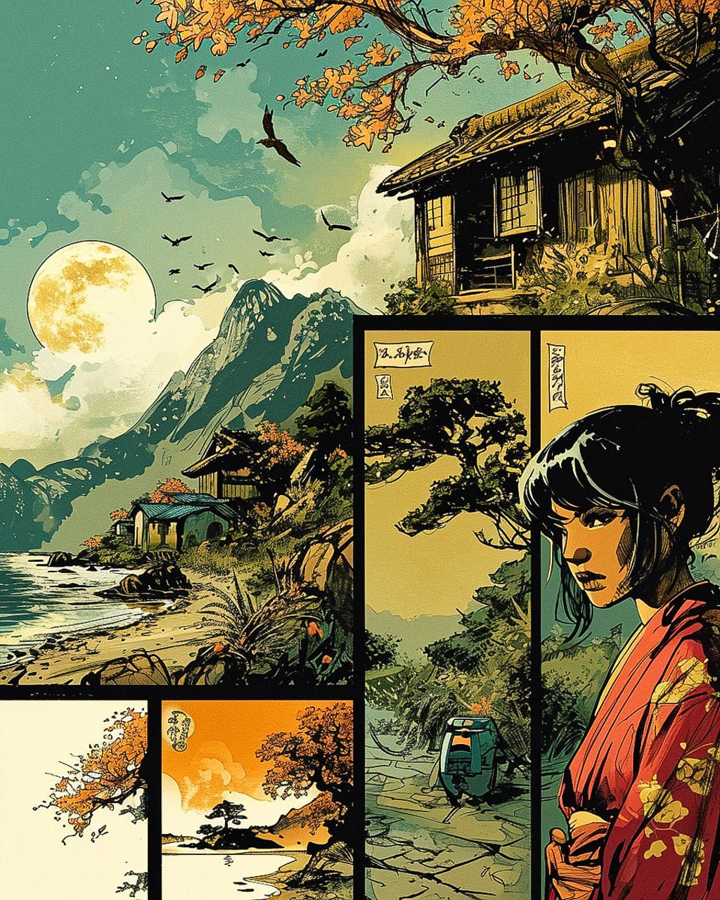 Comic-strip style Midjourney prompt showcasing hyperrealism, unconventional composition, and artistic styles in V6.