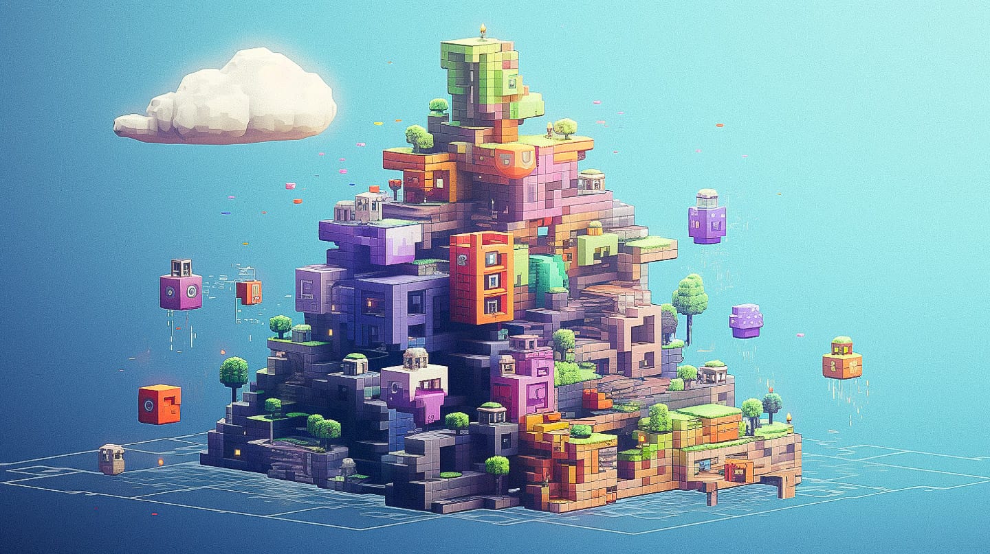 Pixel art landscape generated with Midjourney prompt, showcasing vibrant colors and geometric structures.