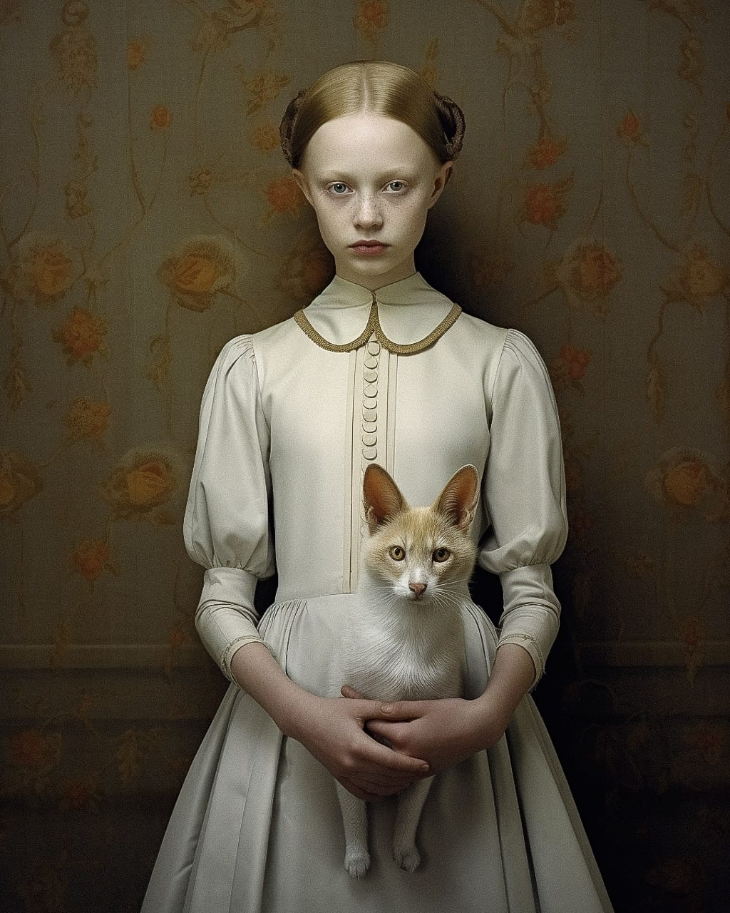 Midjourney prompt for hyperrealism, prompt accuracy, unconventional composition, featuring girl with cat, --style raw, artistic styles, V6 capabilities.