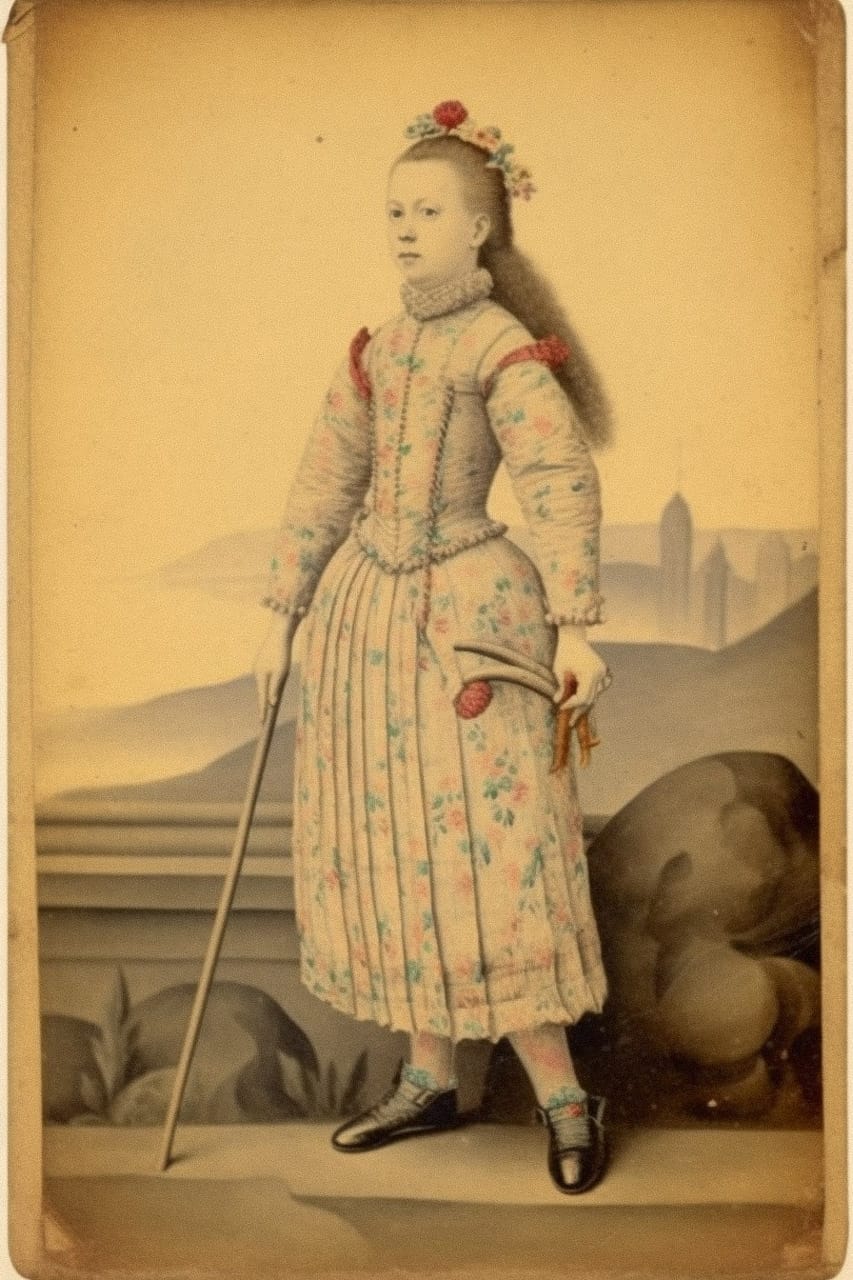 Midjourney prompt for historical portrait, focusing on attire, posture, and background elements, showcasing prompt complexity and artistic styles.