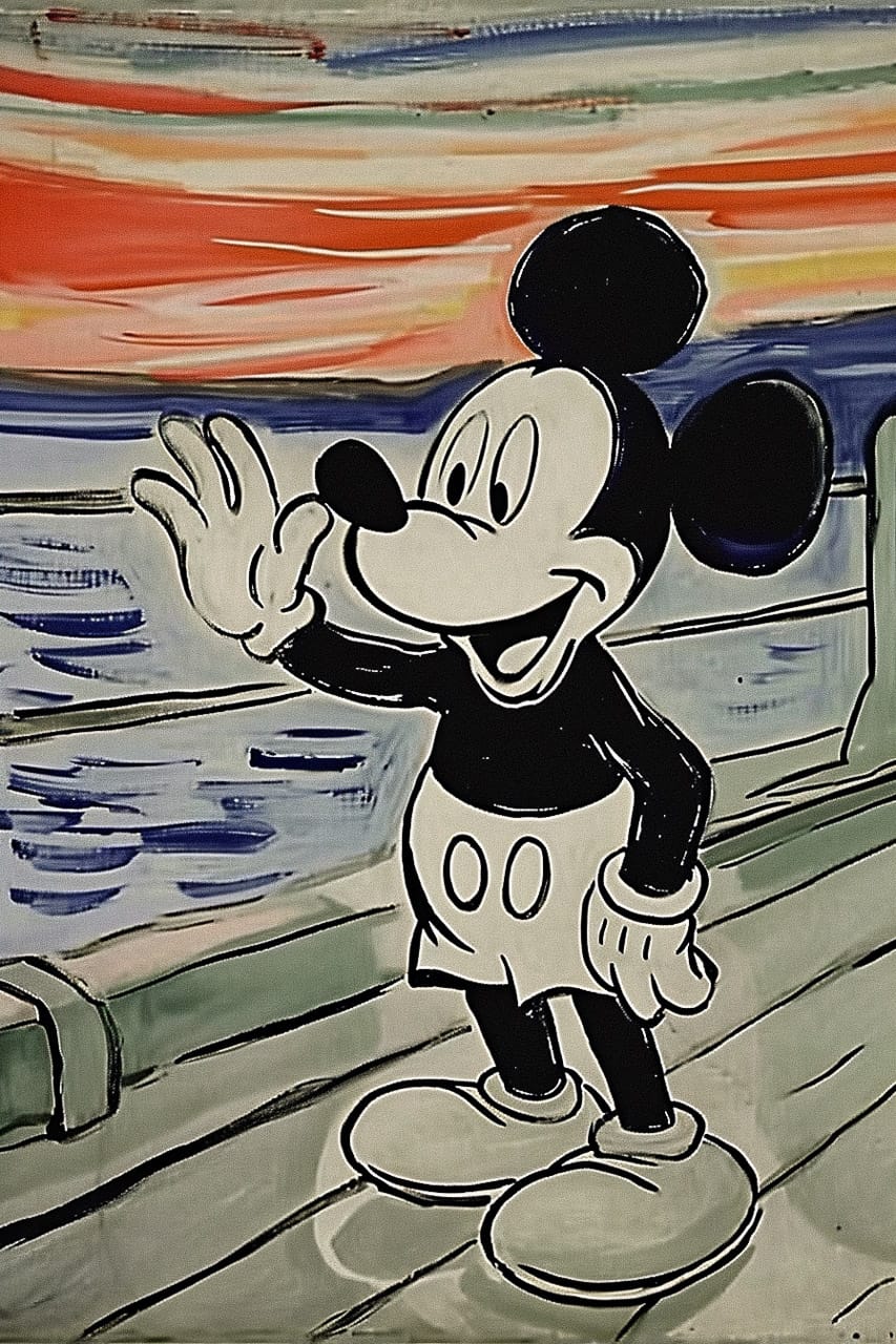 Mickey Mouse character illustration, Midjourney prompt techniques, abstract concepts, blending styles, version-specific features, art styles, prompt complexity.