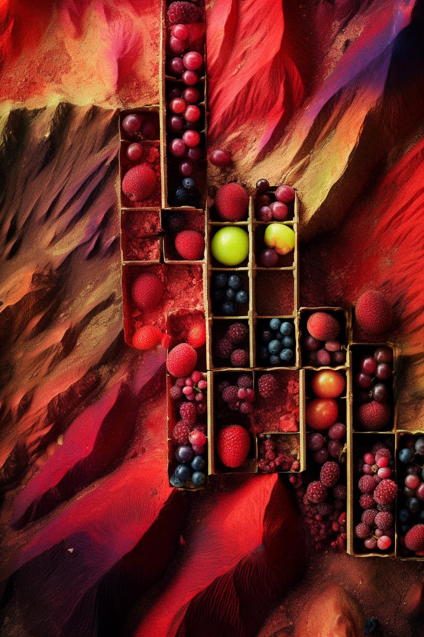 Midjourney prompt showcasing vibrant fruit arrangement, exploring color blending, abstract concepts, and optimal prompt techniques for image generation.