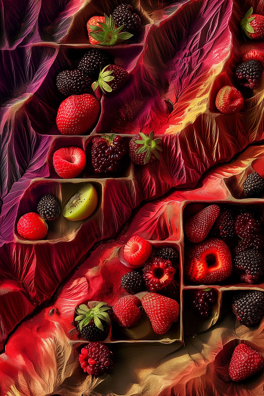 Midjourney prompt showcasing vibrant berry arrangement, exploring text prompts, image prompts, blending techniques, and prompt complexity --v 6.0.