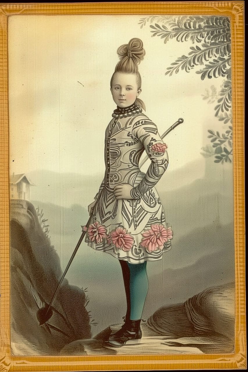 Midjourney prompt showcasing historical fashion illustration with floral patterns, emphasizing prompt complexity and artistic styles.