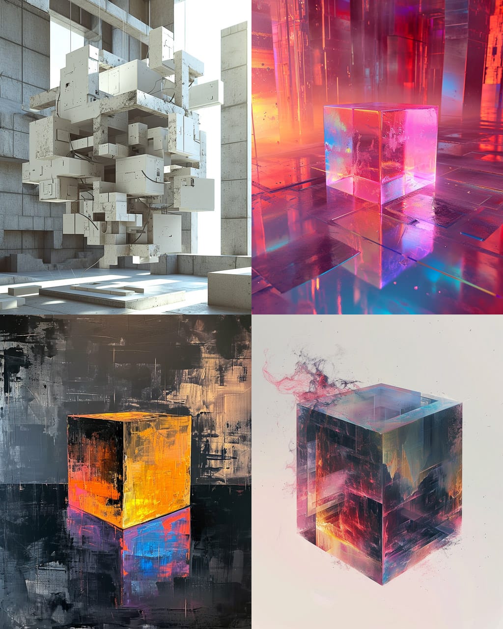 Midjourney prompt showcasing cube designs with hyperrealism, unconventional composition, and artistic styles in V6.0.