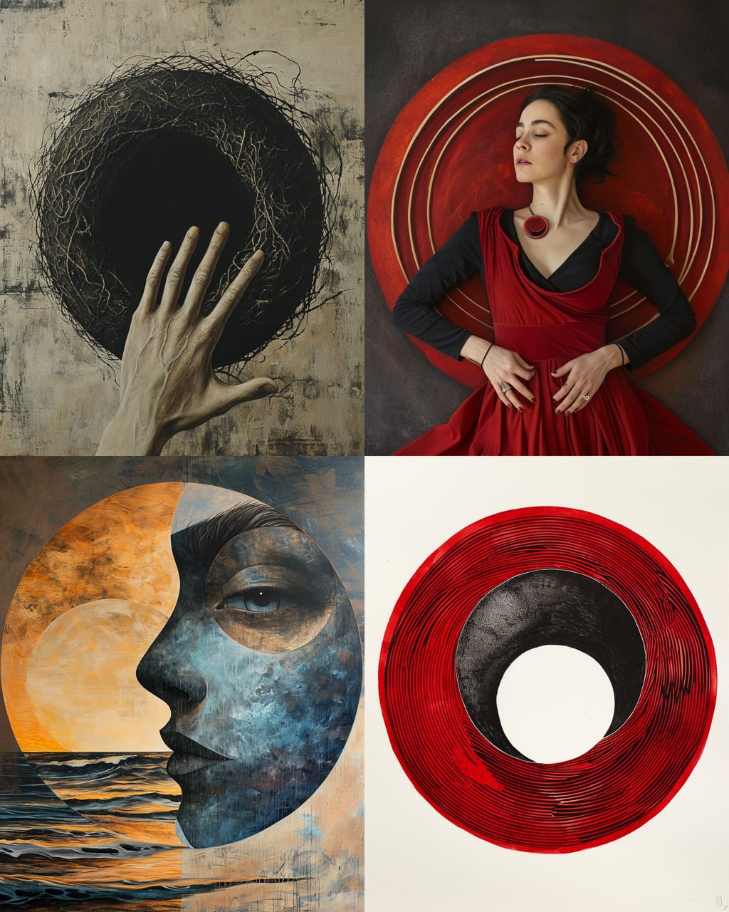 Midjourney prompt showcasing diverse art styles, hyperrealism, and unconventional compositions in V6.0, featuring circular motifs and expressive visuals.