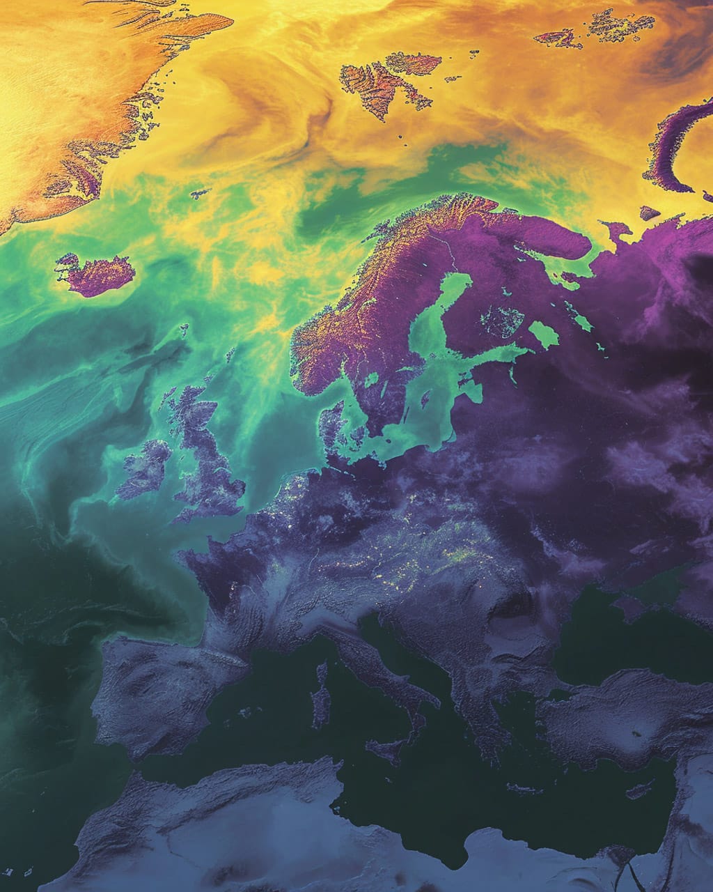Weather map generated with Midjourney V6, showcasing hyperrealism, prompt accuracy, and unconventional composition techniques.