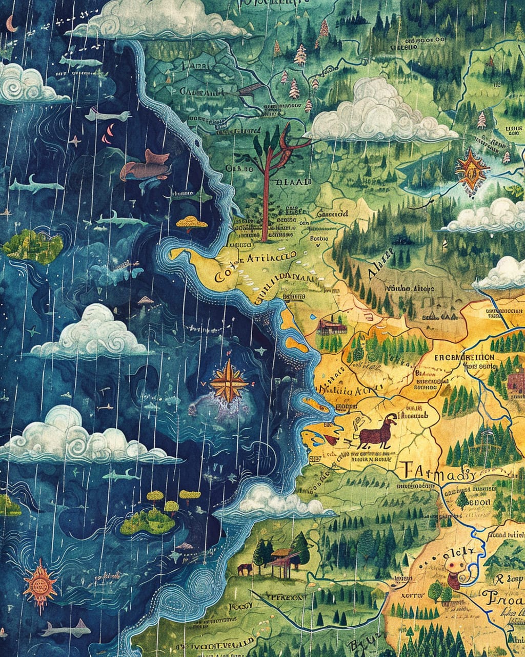 Weather map illustrating Midjourney V6 capabilities, featuring hyperrealism, prompt accuracy, unconventional composition, and artistic styles.