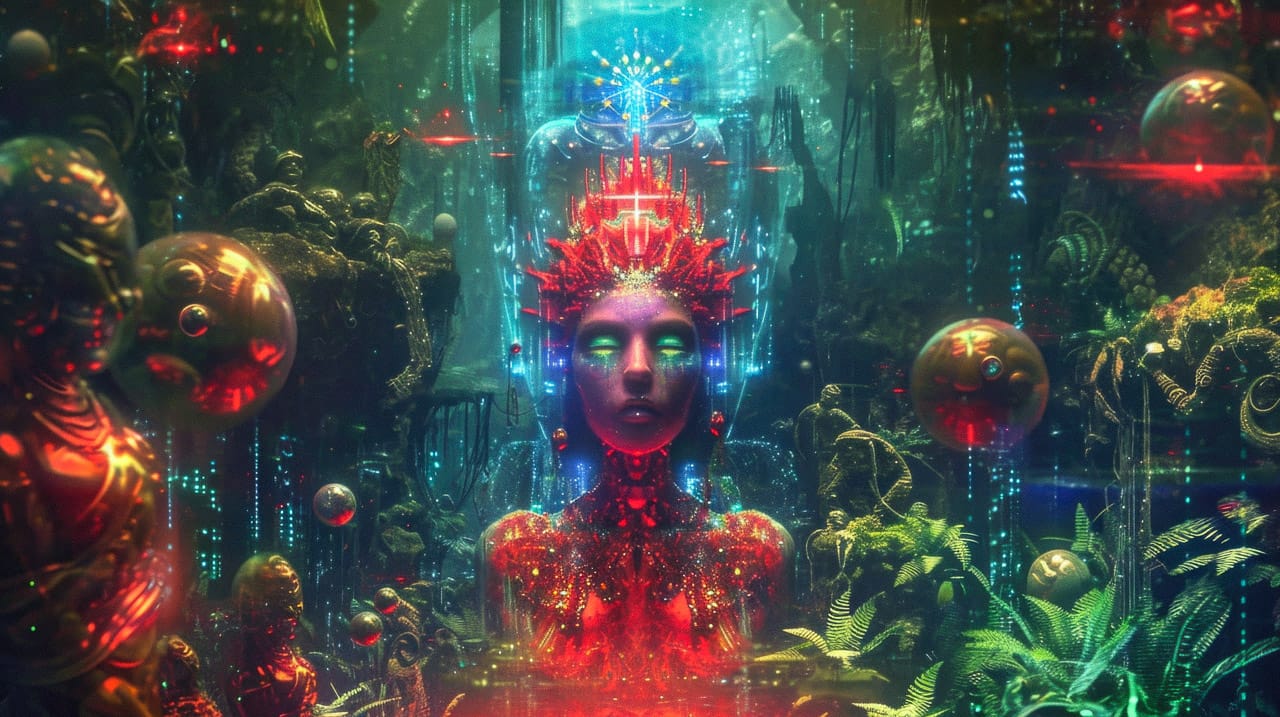 Midjourney prompt for space cyber-shaman with parameters --weird 2750 --v 6.0, showcasing intricate details and vibrant colors.