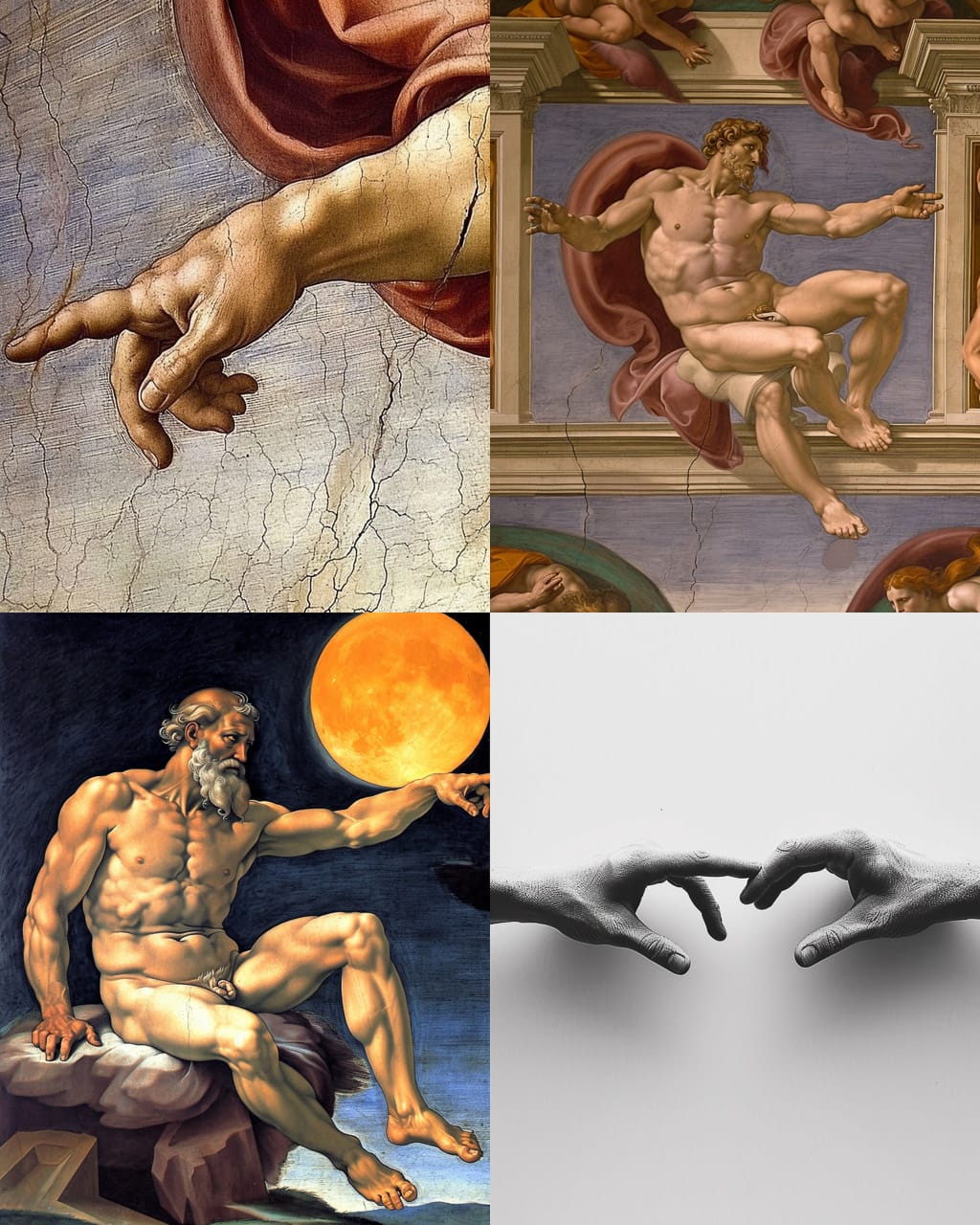 Midjourney prompt for Creation of Adam with parameters --chaos 50 --v 6.0, focusing on text-to-image generation techniques.