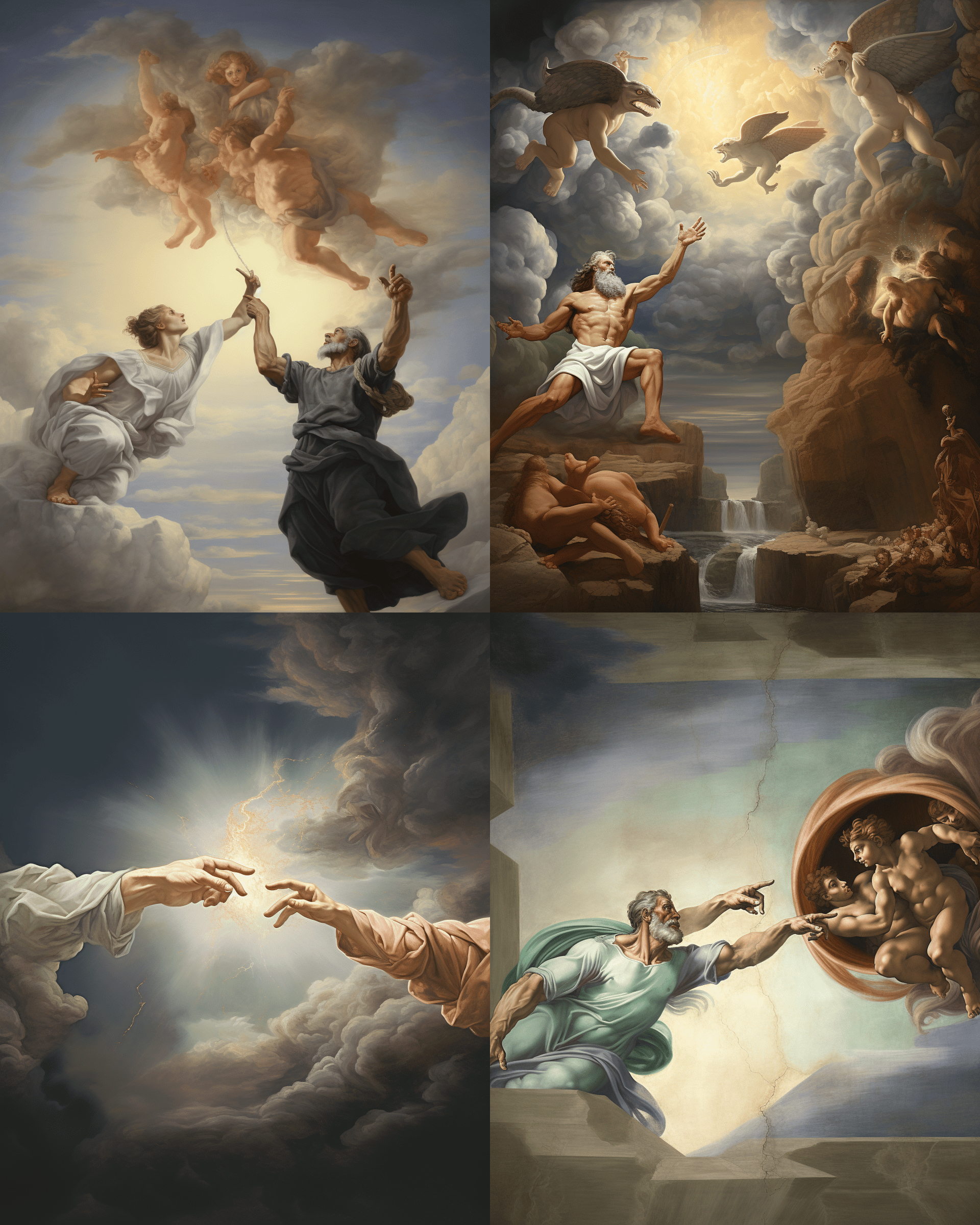 Midjourney prompt engineering for Creation of Adam, featuring parameters --chaos 0, --v 5.2, exploring artistic styles and image generation techniques.