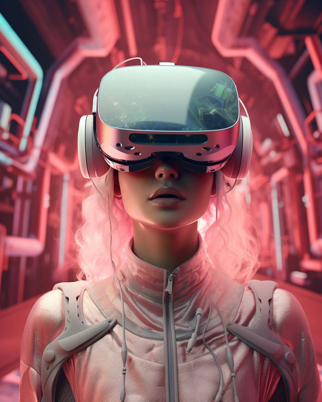 Virtual reality character with headset in futuristic environment, showcasing Midjourney prompt techniques for image generation.