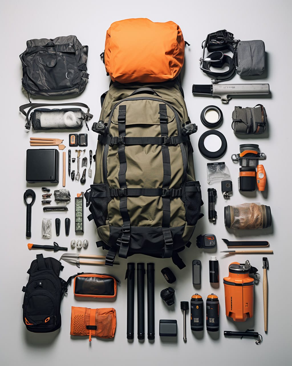 Knolling of survivalist backpack with gear, Midjourney prompt engineering for V6 parameters: --stylize, --chaos, --weird, --no, --tile.