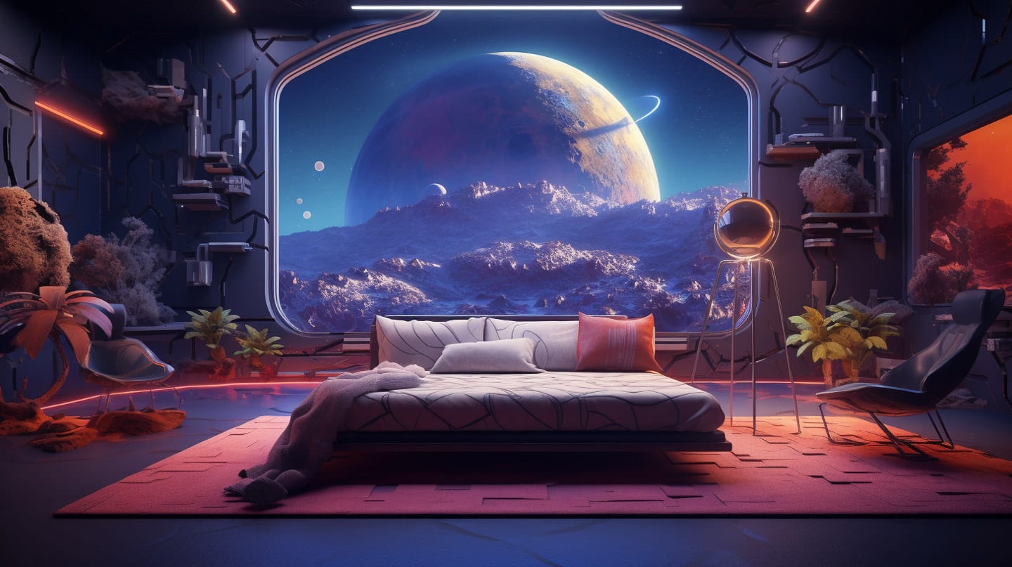 Midjourney prompt for space scene with no stars, featuring futuristic interior and planetary view, version 5.2 parameters.