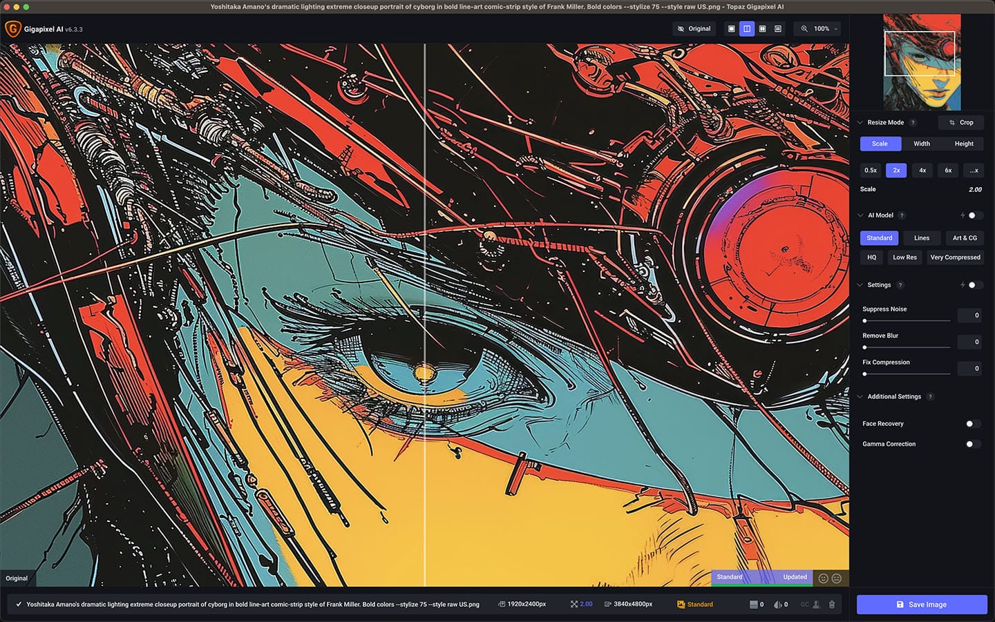 Midjourney prompt engineering for AI-generated art. Gigapixel AI interface showcasing upscaling options and image enhancement techniques.